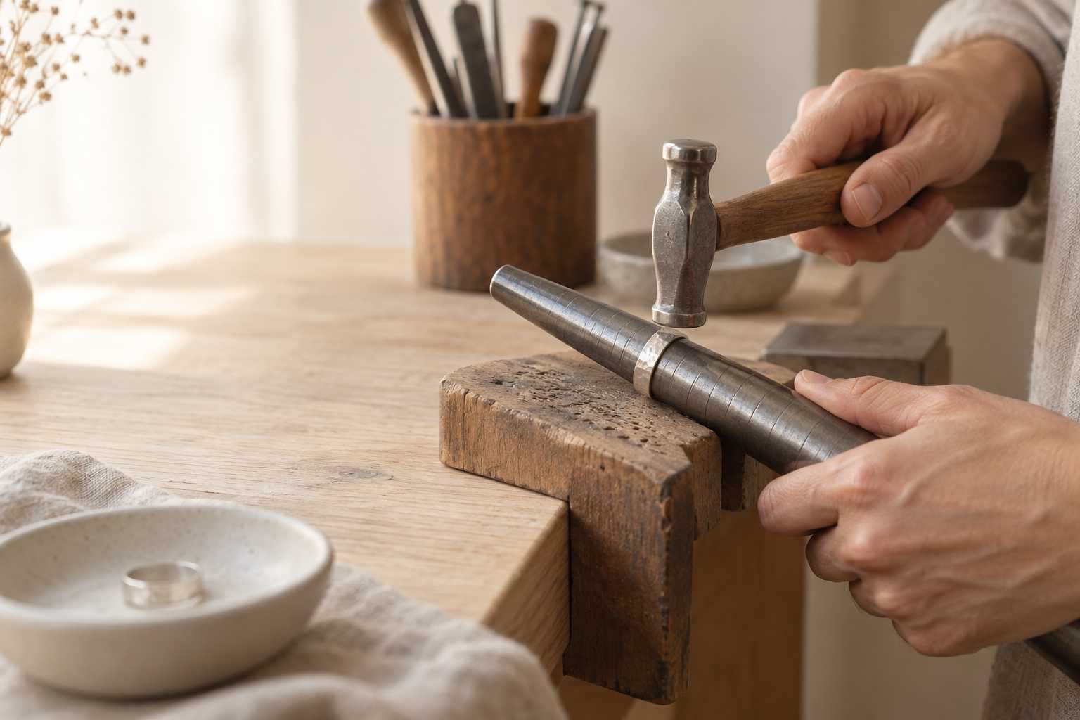 Hands gently tapping a silver ring on a steel mandrel at a workbench.