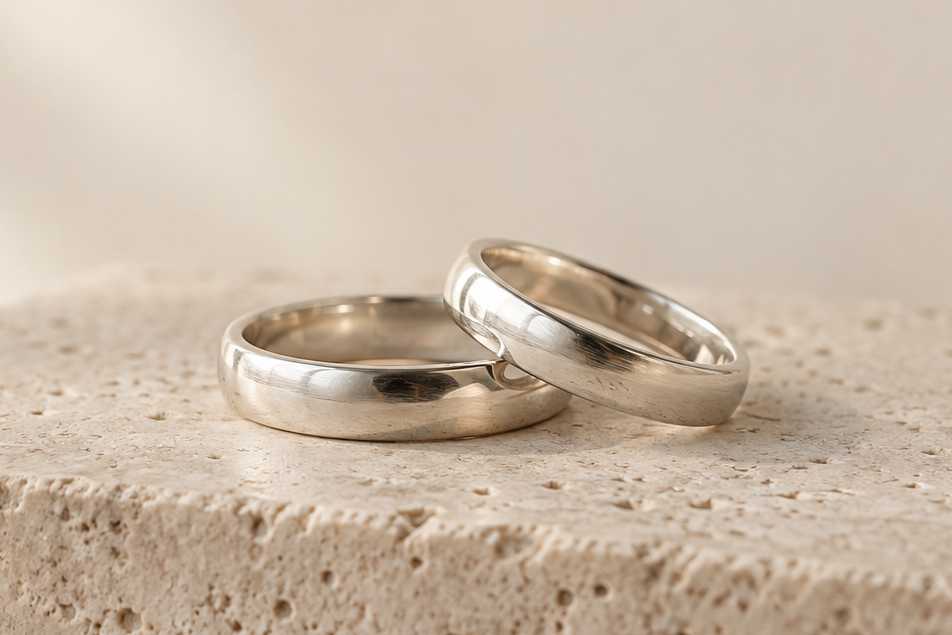 Two smooth, polished silver ring bands resting on a stone block.