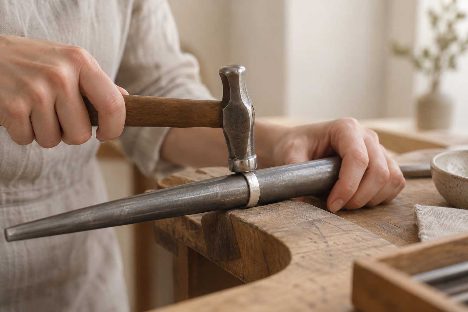 A small hammer texturing a ring on a steel mandrel.