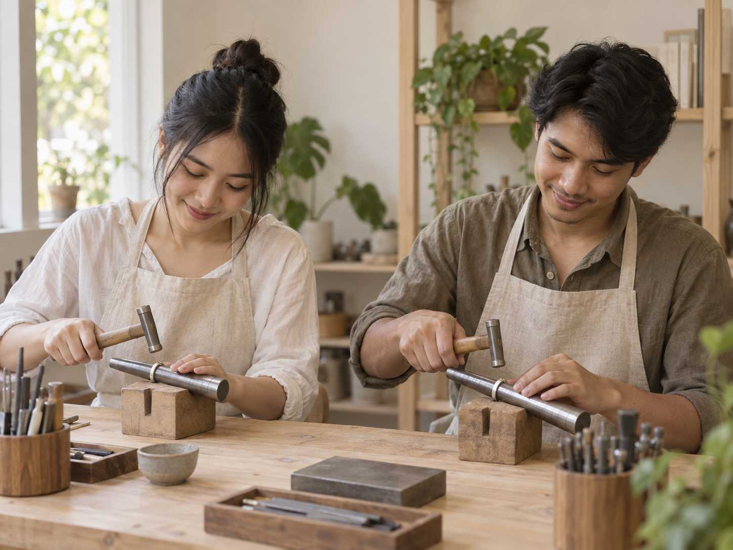 Guests making silver rings at the workbench inside MEMORA DIY Ring Studio.